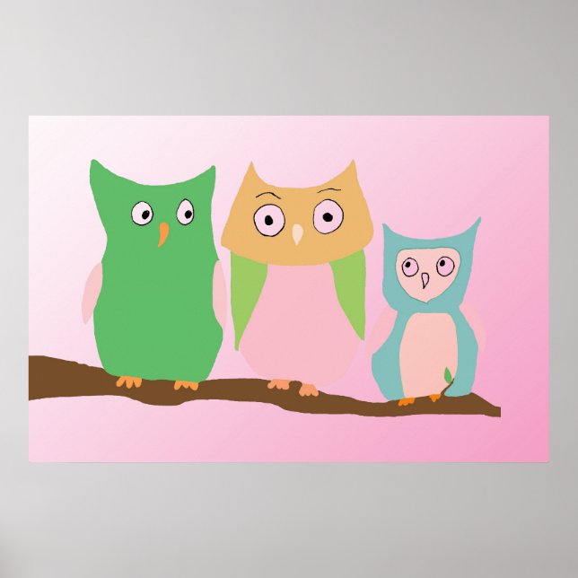 Owl Family on Pink Poster (Front)