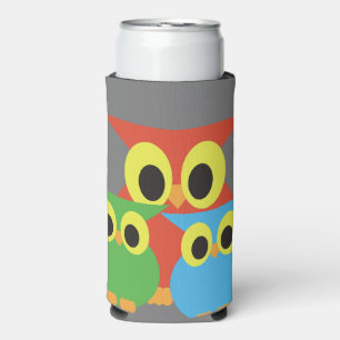 Owl Family: Red, Green and Blue Seltzer Can Cooler