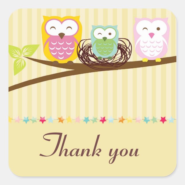 Owl Family yellow baby shower Thank you sticker (Front)