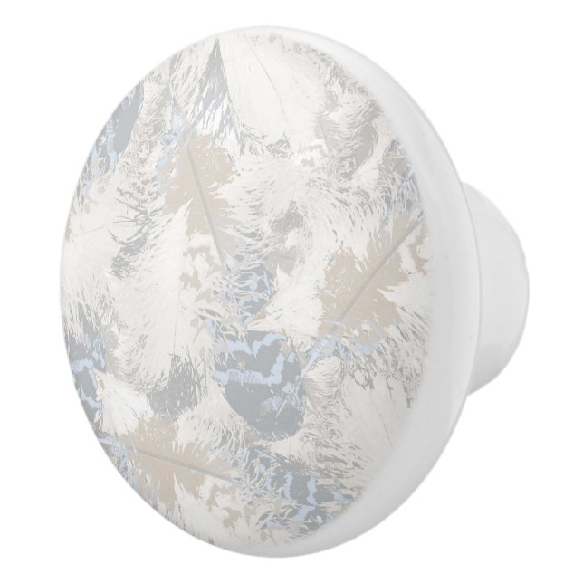 owl Feathers, grey, beige and blue, bird, light,  Ceramic Knob (Right)