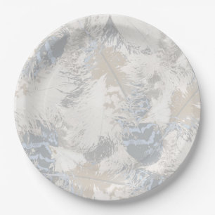 owl Feathers, grey, beige and blue, bird, light, Paper Plate