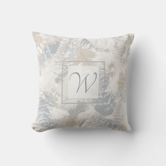 owl Feathers, grey, beige and blue, monogram Throw Cushion (Front)
