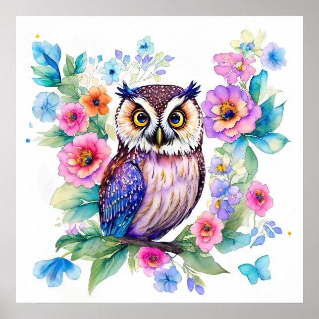 Owl Floral Artistic Watercolor Poster (Front)