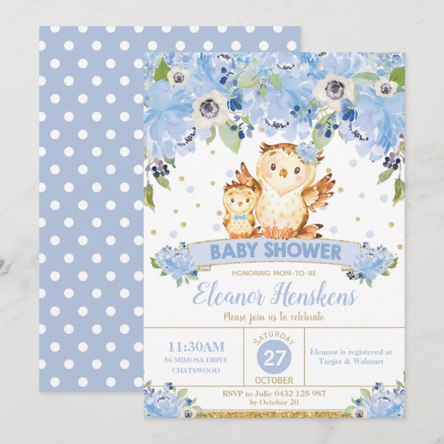 Owl Floral Baby Shower Blue Flowers Baby Boy Invitation (Front/Back)