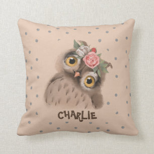 Owl Floral Wreath  Throw Pillow