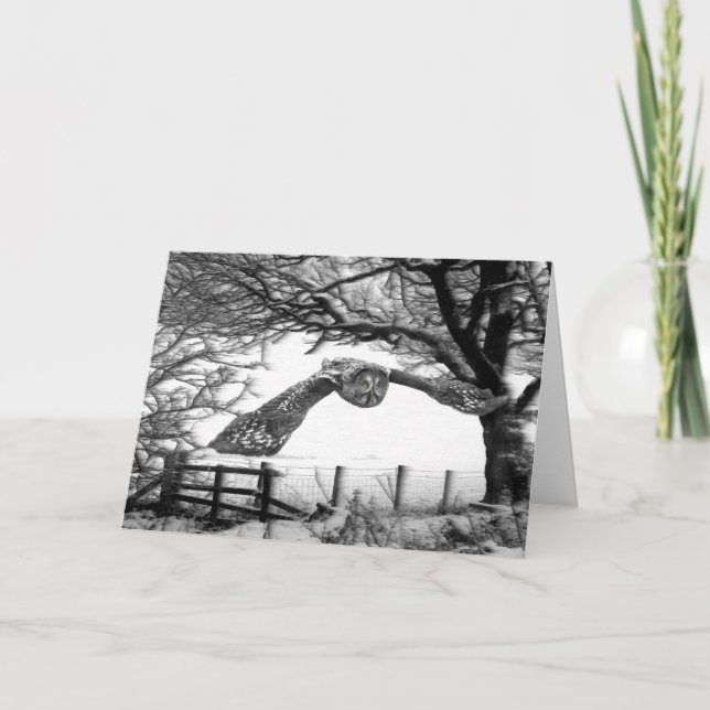 Owl flying in the snow holiday card (Front)