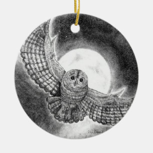 Owl Flying on a Moonlit Night Ceramic Tree Decoration