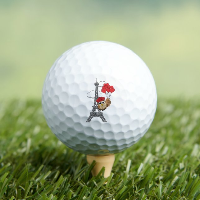 Owl Flying with Heart Balloons in Paris Golf Balls (Insitu Tee)