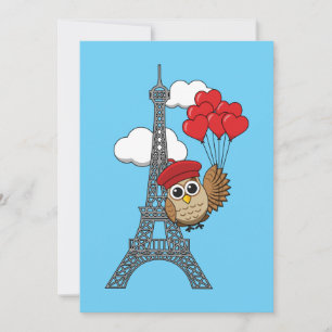 Owl Flying with Heart Balloons in Paris Holiday Card