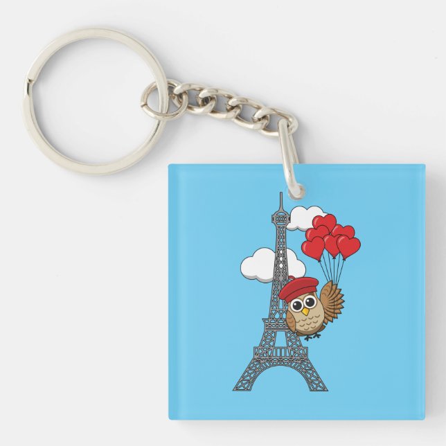Owl Flying with Heart Balloons in Paris Key Ring (Front)