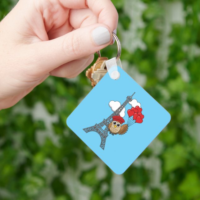 Owl Flying with Heart Balloons in Paris Key Ring (Hand)