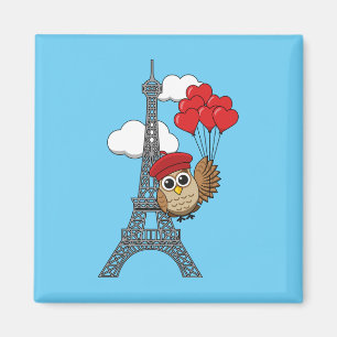 Owl Flying with Heart Balloons in Paris Magnet
