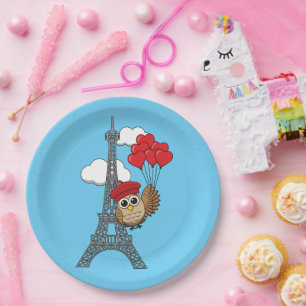 Owl Flying with Heart Balloons in Paris Paper Plate