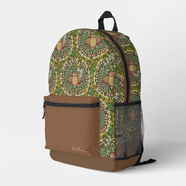 Owl Folk Green Printed Backpack (Back Corner Right)