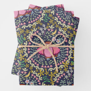 Owl Folk Navy Wrapping Paper Sheet