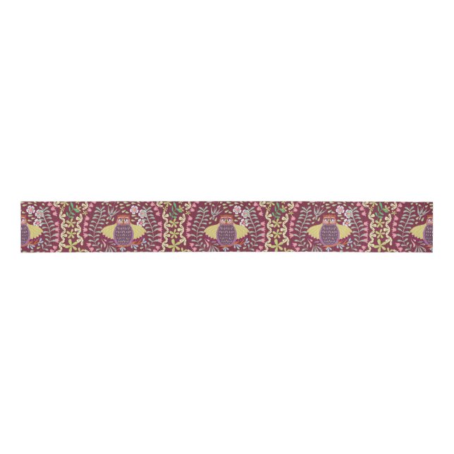 Owl Folk Wine Red Grosgrain Ribbon (Front)
