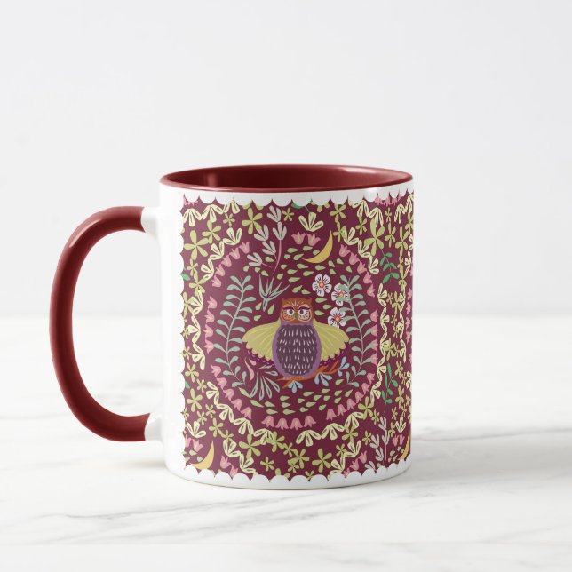 Owl Folk Wine Red Mug (Left)