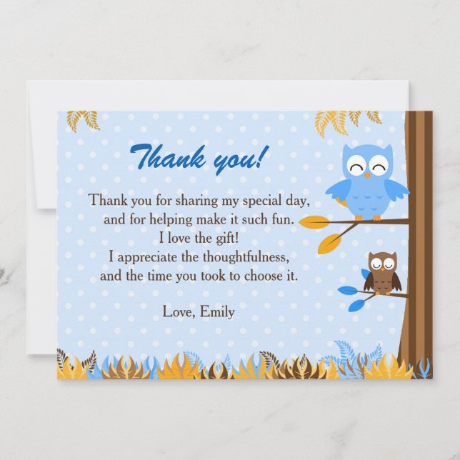 Owl Forest Blue Brown Thank You Card Note (Front)
