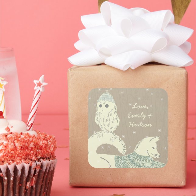 Owl Fox Knitted Hats and Sweaters Stars Too Square Sticker (Party)