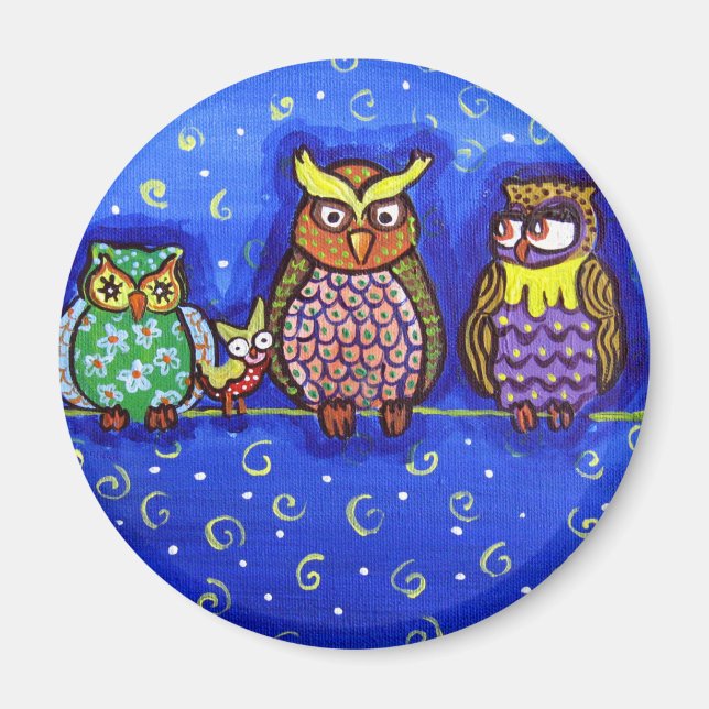 Owl Get Together Fun Folk Art Magnet (Front)