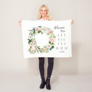 Owl Girl Milestone Blanket, Owl Monthly Baby Blank Fleece Blanket