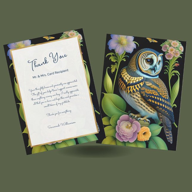 Owl Green Floral Illustration Personalized Thank You Card (Creator Uploaded)