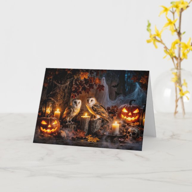 Owl Halloween with Candles Jack O Lanterns Card (Yellow Flower)