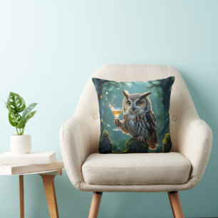 Owl Holding a Cocktail In a Mystical Forest Cushion