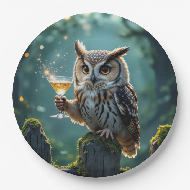 Owl Holding a Cocktail In a Mystical Forest Paper Plate (Front)