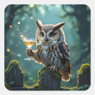 Owl Holding a Cocktail In a Mystical Forest Square Sticker