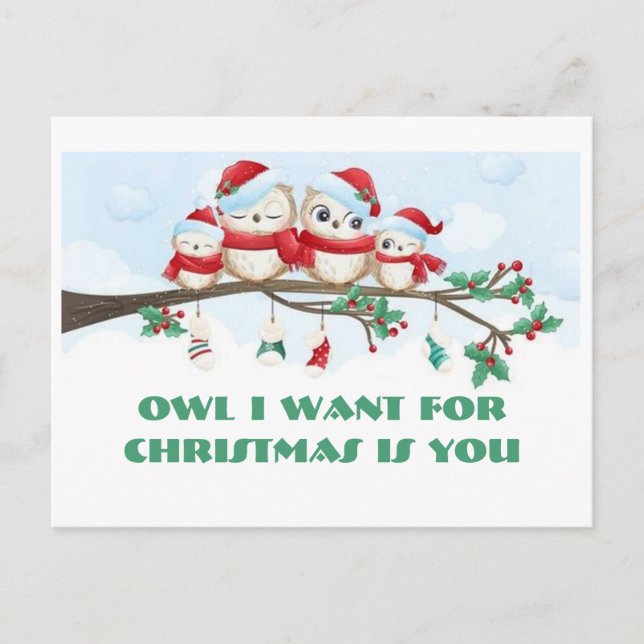 Owl I Want For Christmas Postcard (Front)
