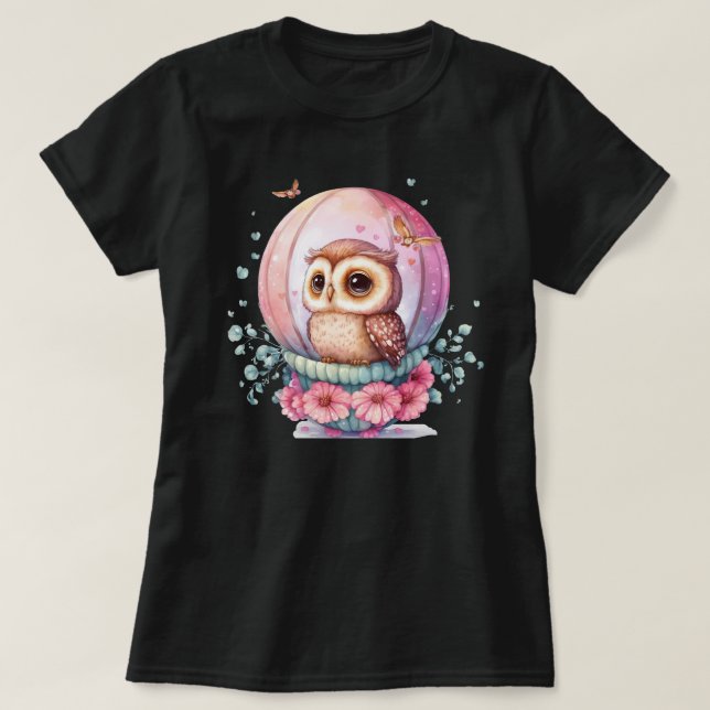  Owl in a Glass Sphere with Pink Flowers and Heart T-Shirt (Design Front)