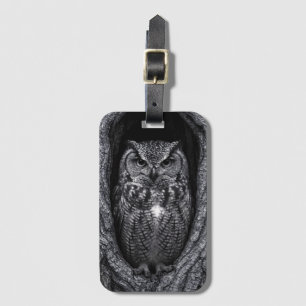 Owl in a Tree Hollow Black and White Luggage Tag