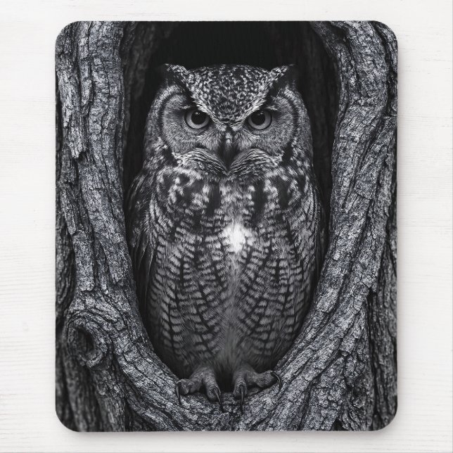 Owl in a Tree Hollow Black and White Mouse Pad (Front)