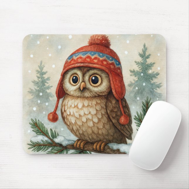 Owl In a Winter Cap Mouse Pad (With Mouse)