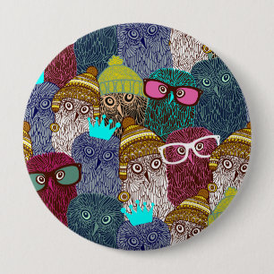 Owl in crown 10 cm round badge