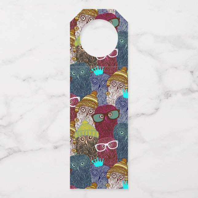 Owl in crown bottle tag (Front)