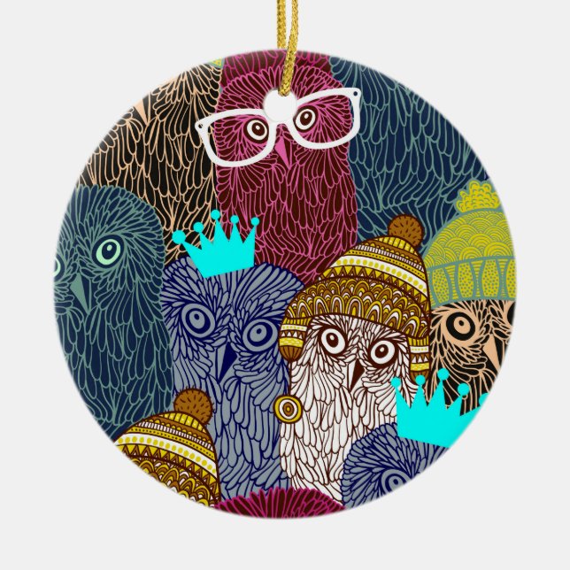 Owl in crown ceramic tree decoration (Front)