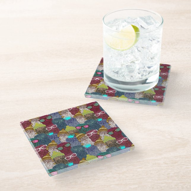 Owl in crown glass coaster (Angled)