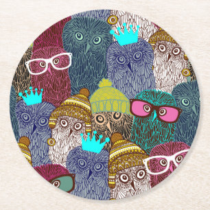 Owl in crown round paper coaster