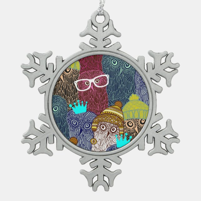 Owl in crown snowflake pewter christmas ornament (Front)