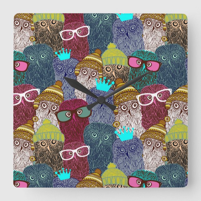 Owl in crown square wall clock (Front)