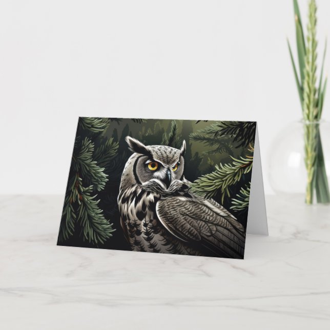 Owl in evergreen forest Christmas card (Front)