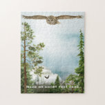 Owl in Flight | Cool Nature Lover Art Monogrammed Jigsaw Puzzle<br><div class="desc">A calm serene scene of a beautiful majestic owl flying high above a mountain topography landscape. There's an open sky with subtle sunbeams to give a bit of a challenge, then a lush forest with fog and mountains in the distance and a lone eagle soaring in the horizon. A cool...</div>