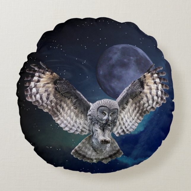 Owl in Flight Round Cushion (Front)