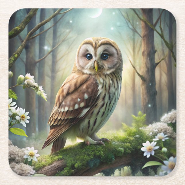 Owl in Forest Square Paper Coaster (Front)