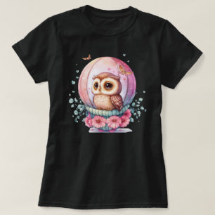 Owl in Glass Sphere with Pink Flowers and Heart T-Shirt
