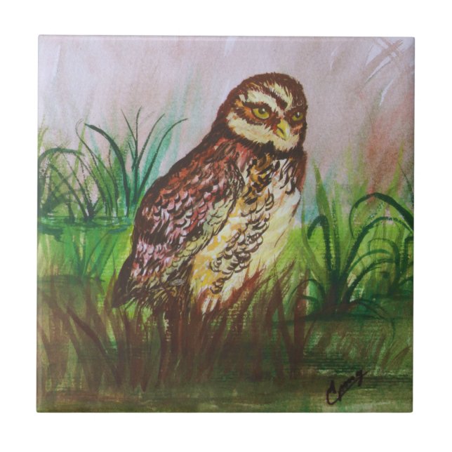 Owl in nature watercolor art tile (Front)