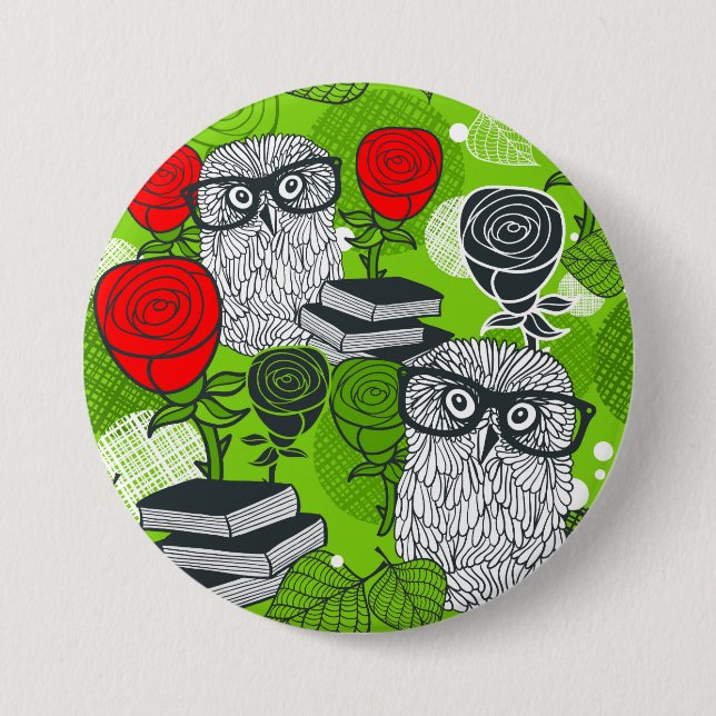 Owl in red roses 7.5 cm round badge (Front)