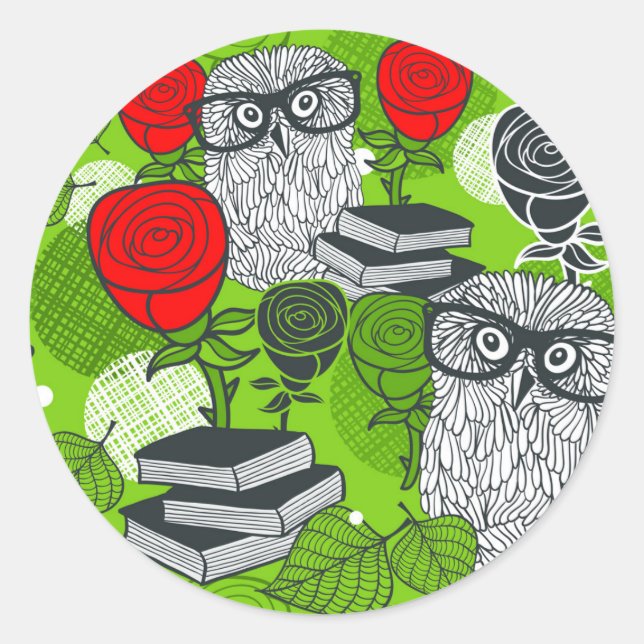 Owl in red roses classic round sticker (Front)